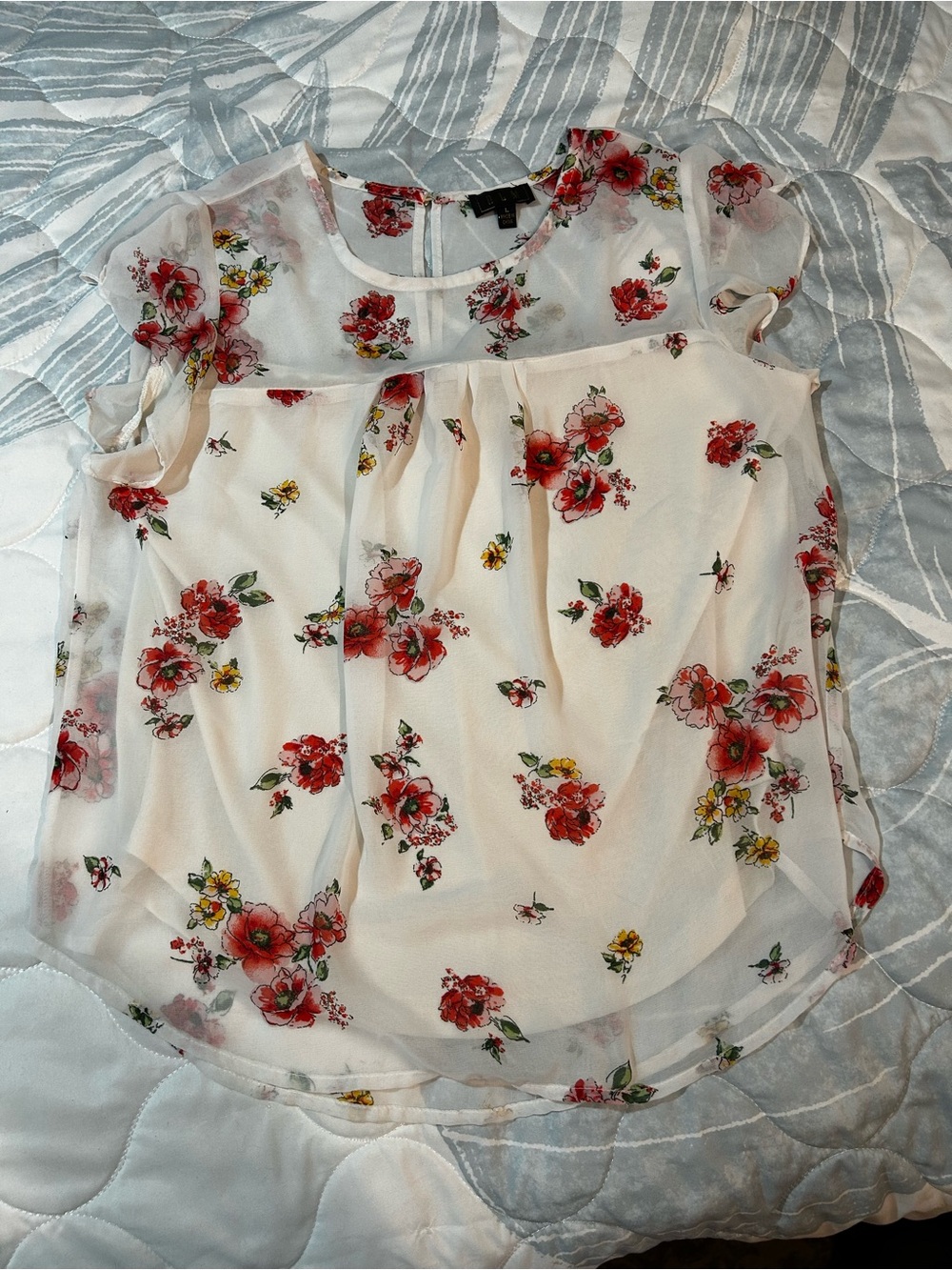 Sheer White Floral Short Sleeve Blouse with Red Flower Print
